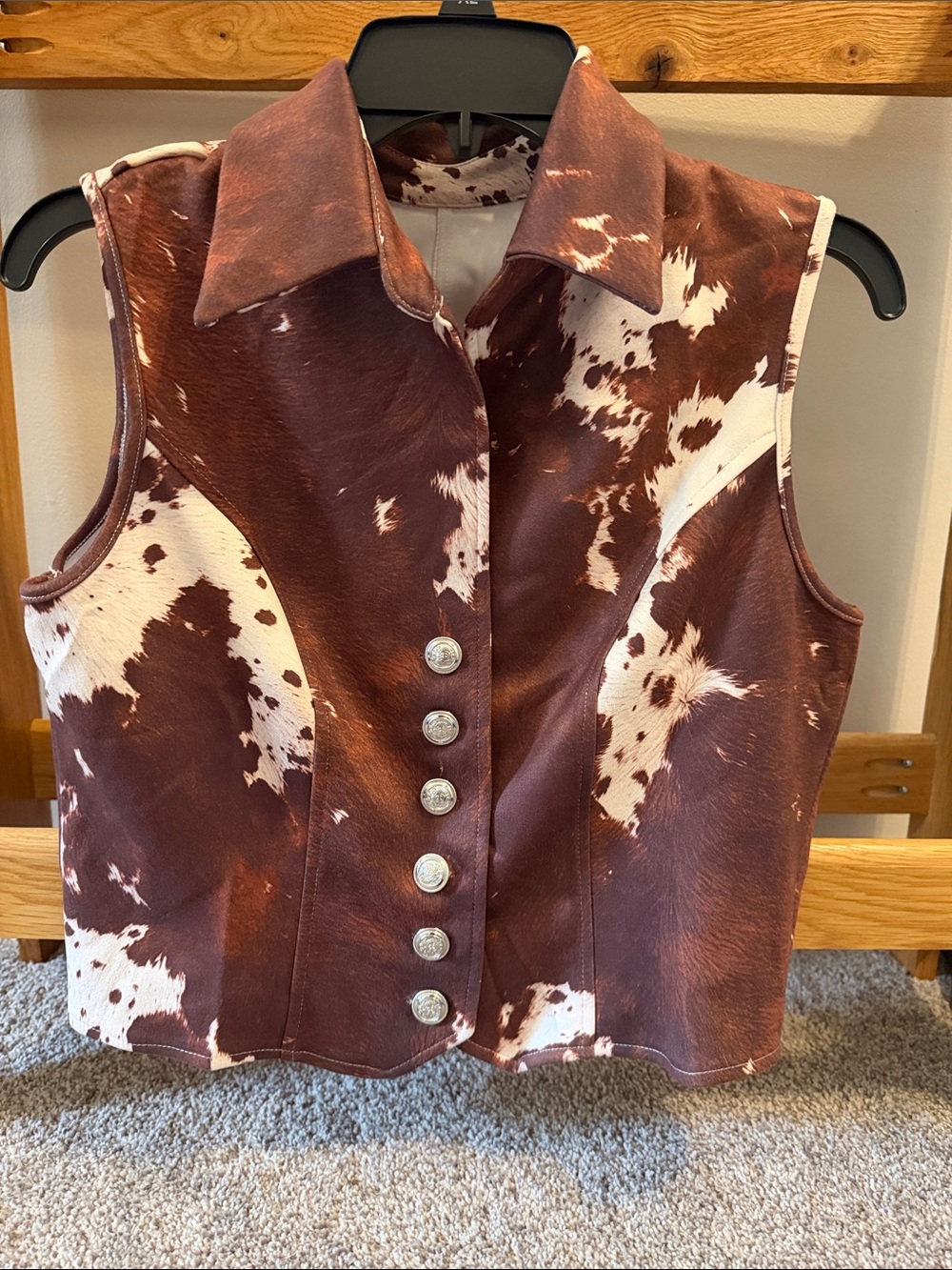 Women's Brown and White Cowhide like Front buttonVest